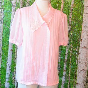 Vintage 70s 80s Sheer Pleated Pastel Pink Blouse with Asymmetrical Lace Collar